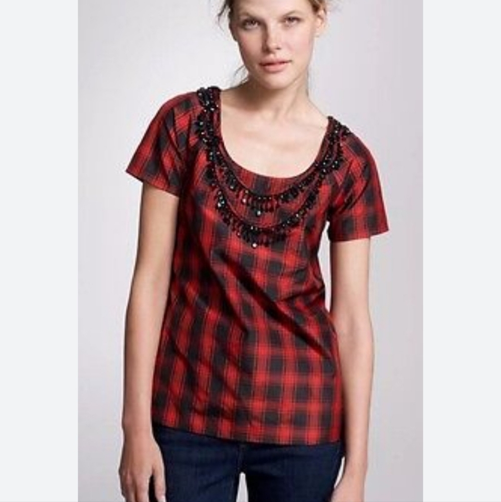 J. Crew Eliza red & black plaid silk taffeta jewel top 2